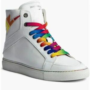 ZADIG & VOLTAIRE Womens Size 37 High Flash Pride White Leather Sneakers Shoes‎